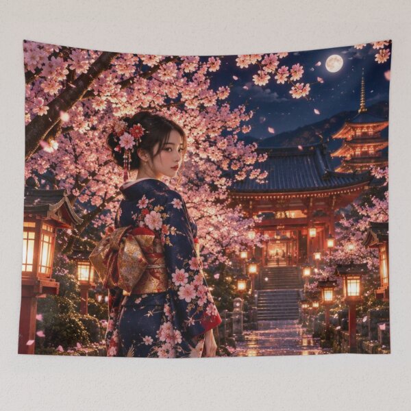 Item preview, Kimono Woman Under the Cherry Blossoms in Kyoto at Night designed and sold by vekotpu.