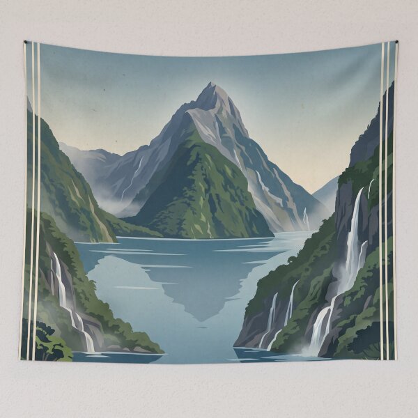 Item preview, Milford Sound New Zealand Vintage Travel Poster – Mitre Peak Fiordland Waterfalls designed and sold by Bomax121.