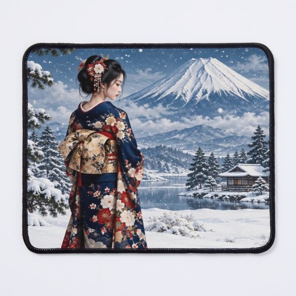 Item preview, Kimono Woman in a Snowy Japanese Landscape with Mount Fuji designed and sold by vekotpu.