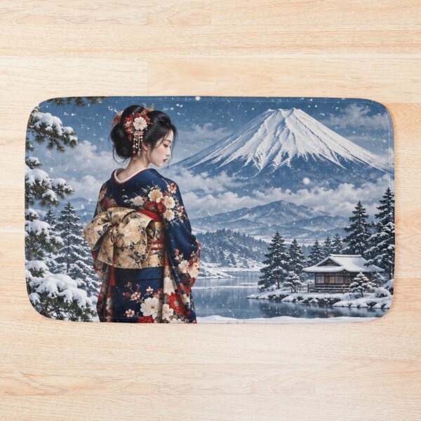 Item preview, Kimono Woman in a Snowy Japanese Landscape with Mount Fuji designed and sold by vekotpu.