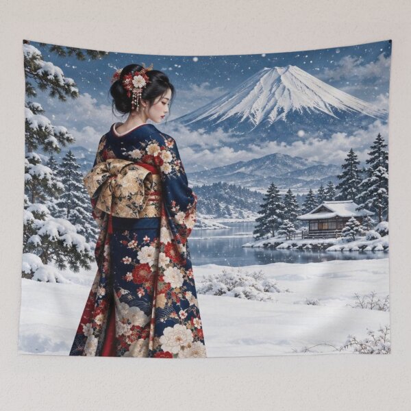 Item preview, Kimono Woman in a Snowy Japanese Landscape with Mount Fuji designed and sold by vekotpu.