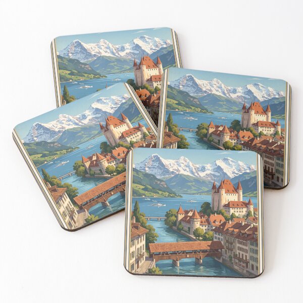 Item preview, Thun Switzerland Vintage Travel Poster – Thun Castle Aare River Thunersee Niesen designed and sold by Bomax121.