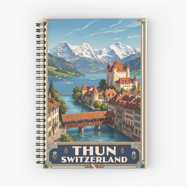 Item preview, Thun Switzerland Vintage Travel Poster – Thun Castle Aare River Thunersee Niesen designed and sold by Bomax121.