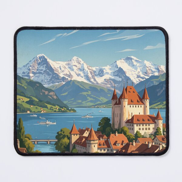 Item preview, Thun Switzerland Vintage Travel Poster – Thun Castle Aare River Thunersee Niesen designed and sold by Bomax121.