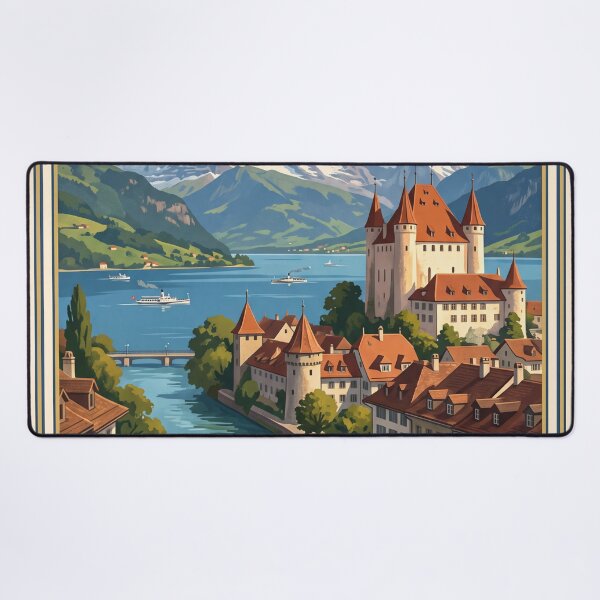 Item preview, Thun Switzerland Vintage Travel Poster – Thun Castle Aare River Thunersee Niesen designed and sold by Bomax121.