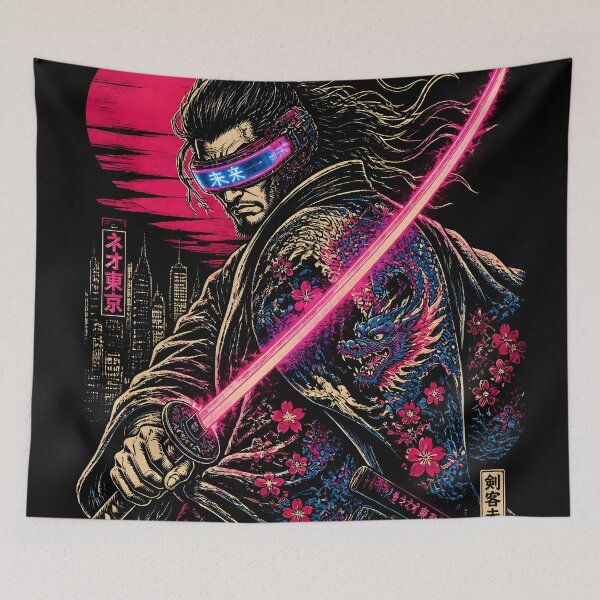 Item preview, Japanese Ninja Cyberpunk Ronin Samurai - Neon Katana Future Tokyo Ukiyo-e Art designed and sold by GrinGalore.