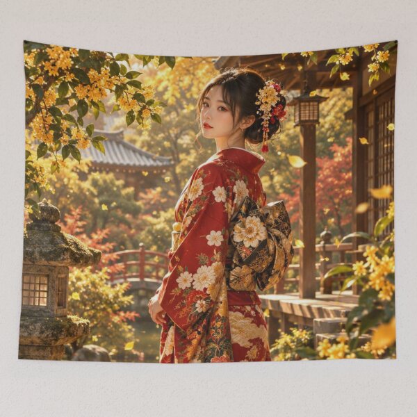 Item preview, Japanese Kimono Woman in a Golden Osmanthus Garden designed and sold by vekotpu.