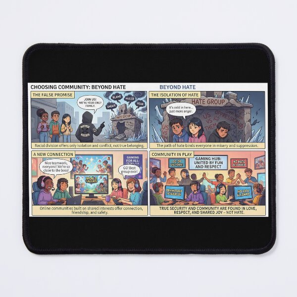 Item preview, Against hate: Gaming community instead of radicalization – four-panel comic designed and sold by Mianku | Für das Leben.