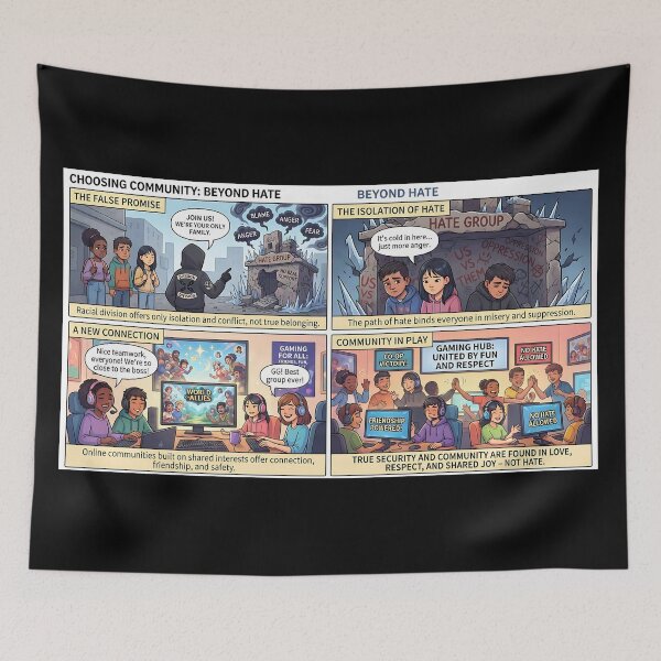 Item preview, Against hate: Gaming community instead of radicalization – four-panel comic designed and sold by Mianku | Für das Leben.