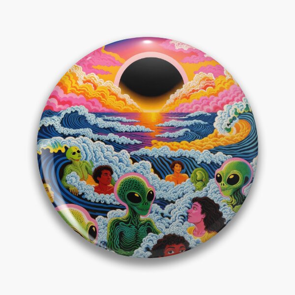 Item preview, Psychedelic Party of Humans and Aliens Swimming in Ocean Under Solar Eclipse designed and sold by Mike Kiev art.