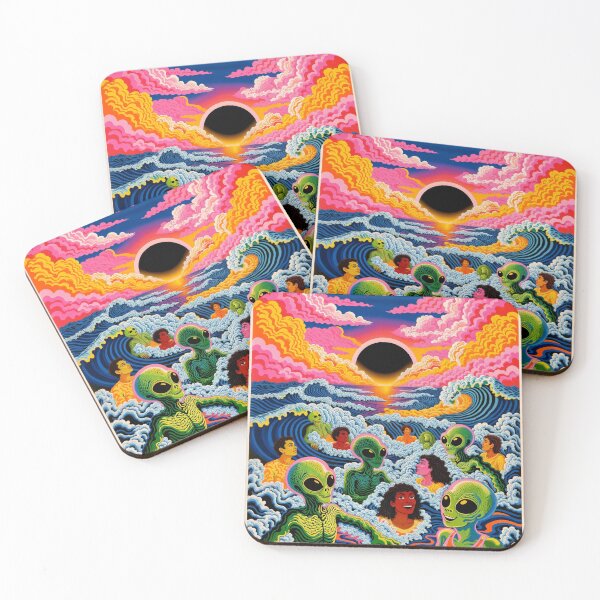 Item preview, Psychedelic Party of Humans and Aliens Swimming in Ocean Under Solar Eclipse designed and sold by Mike Kiev art.
