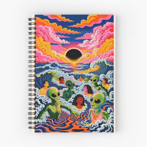 Item preview, Psychedelic Party of Humans and Aliens Swimming in Ocean Under Solar Eclipse designed and sold by Mike Kiev art.