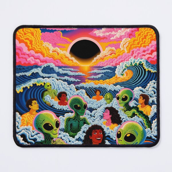 Item preview, Psychedelic Party of Humans and Aliens Swimming in Ocean Under Solar Eclipse designed and sold by Mike Kiev art.