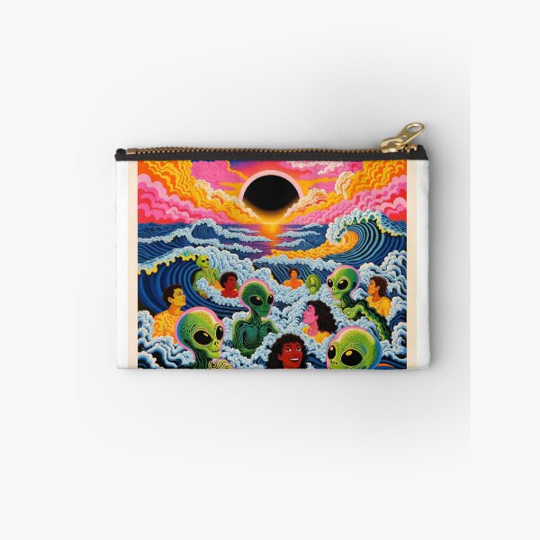 Item preview, Psychedelic Party of Humans and Aliens Swimming in Ocean Under Solar Eclipse designed and sold by Mike Kiev art.