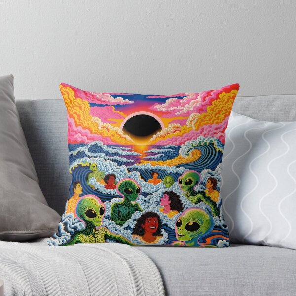 Item preview, Psychedelic Party of Humans and Aliens Swimming in Ocean Under Solar Eclipse designed and sold by Mike Kiev art.