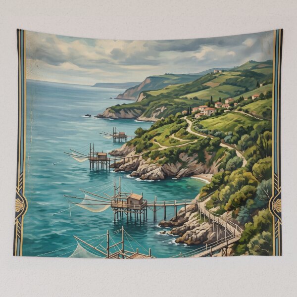Item preview, Costa dei Trabocchi Italy Vintage Travel Poster – Abruzzo Adriatic Coast Wooden Fishing Houses Punta Aderci designed and sold by Bomax121.