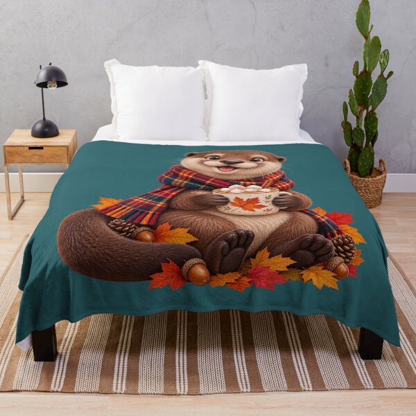 Item preview, Cute Scottish Otter with Hot Chocolate and Autumn Leaves designed and sold by MaedK.