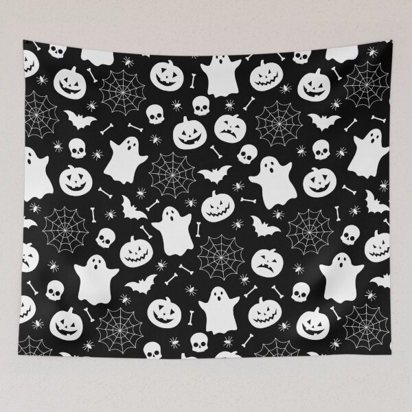 Item preview, Black and White Spooky Halloween Icons Pattern designed and sold by VibnWalls.
