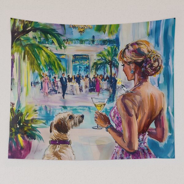 Item preview, At the party, whimsical woman and dog designed and sold by SophieClimaArt.