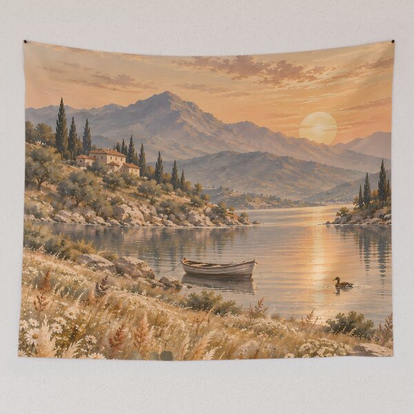 Item preview, Cottagecore Sunset Lake Wildflower Meadow Oil Painting designed and sold by Jozefin's Studio.