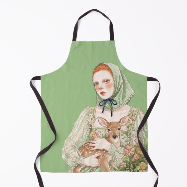 Item preview, Vintage Woman with Baby Fawn and Green Polka Dot Headscarf Illustration designed and sold by Pasteltone.