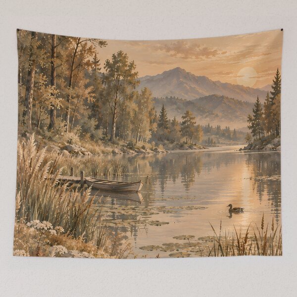 Item preview, Cottagecore Autumn Lake Oil Painting Sunset Wilderness designed and sold by Jozefin's Studio.
