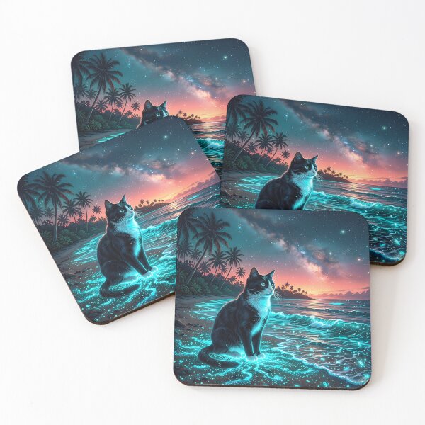Item preview, Tuxedo Cat Bioluminescent Beach Night designed and sold by alvixVerse Merch.