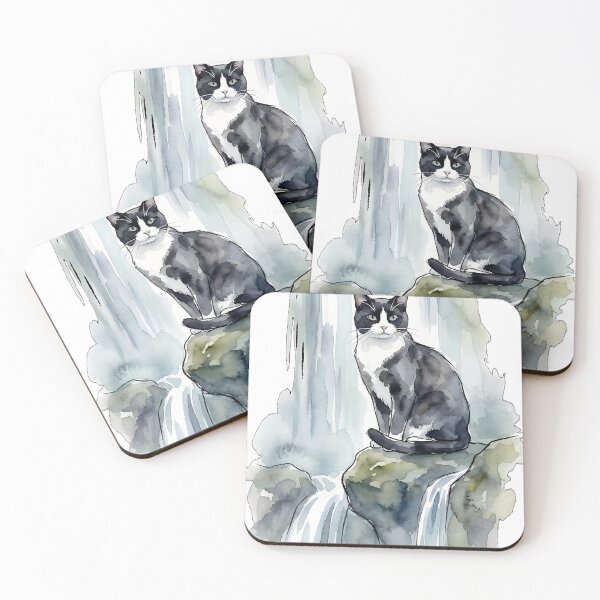 Item preview, Tuxedo Cat Watercolor Waterfall designed and sold by alvixVerse Merch.