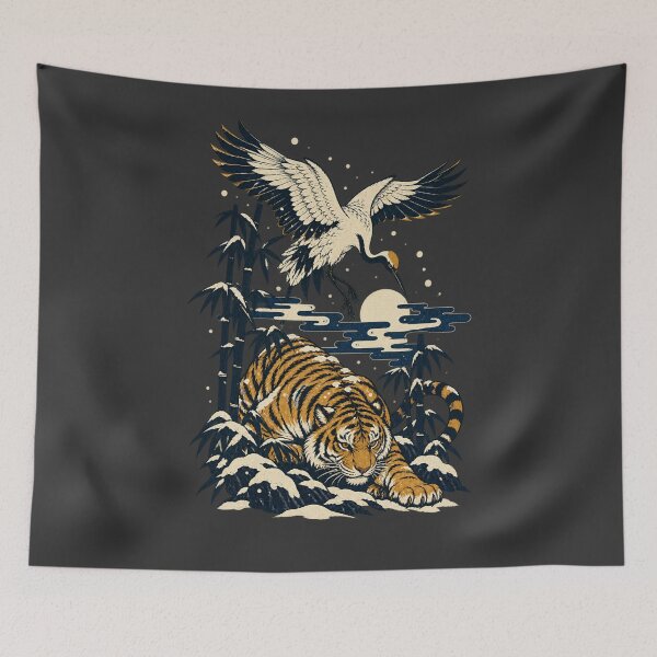 Item preview, Tiger Crane Ukiyo-e Snowy Bamboo Wildlife Art designed and sold by AmiGraph.