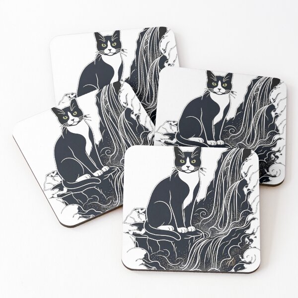 Item preview, Tuxedo Cat Waterfall Line Art designed and sold by alvixVerse Merch.