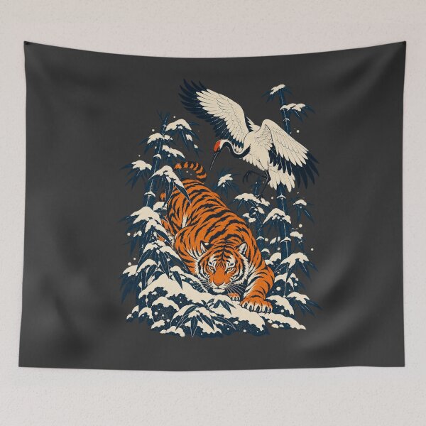 Item preview, Orange Tiger Crane Ukiyo-e Snowy Bamboo Art designed and sold by AmiGraph.