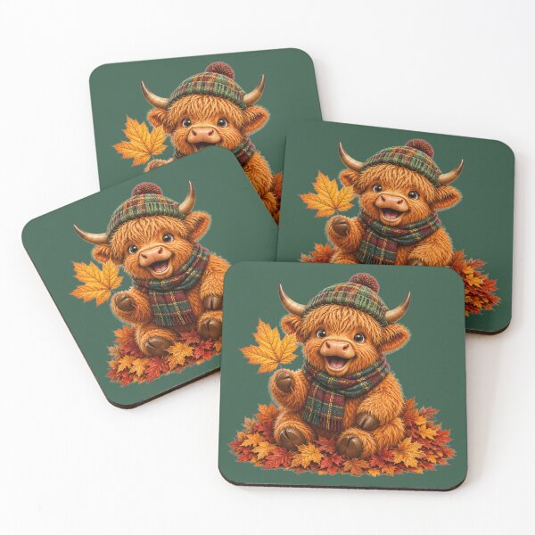 Item preview, Cute Scottish Highland Cow in Tartan Scarf with Autumn Leaves designed and sold by MaedK.