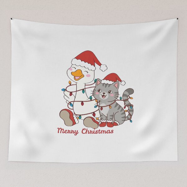 Item preview, Merry Christmas Duck And Cat Santa Hat Christmas Lights Kawaii designed and sold by Retro Whiskers.