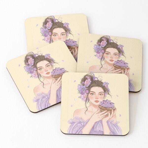 Item preview, Elegant Woman with Lavender Cupcake and Purple Floral Updo Illustration designed and sold by Pasteltone.