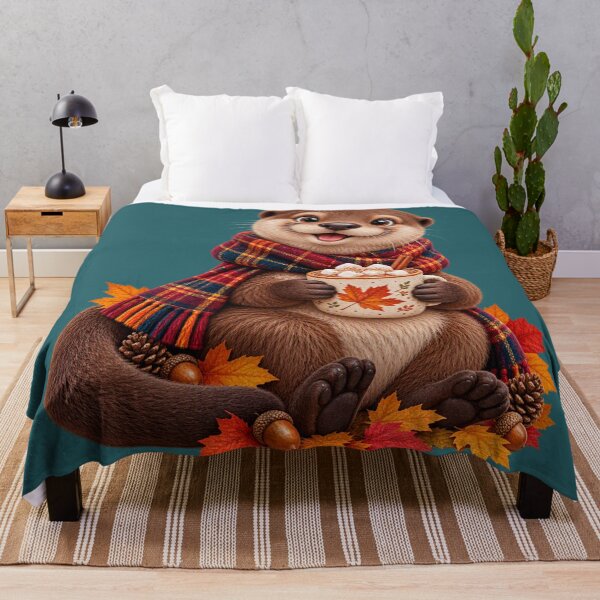 Item preview, Cute Scottish Otter with Hot Chocolate and Autumn Leaves designed and sold by MaedK.