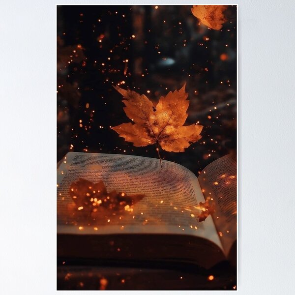 Item preview, Magical Autumn Book with Floating Maple Leaves and Golden Sparkles designed and sold by LYAN-STORE.