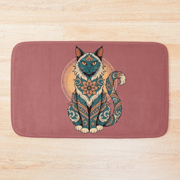 Item preview, Black Cat Mandala – Mystical Teal and Orange Boho Floral Cat Art designed and sold by Mousy17.