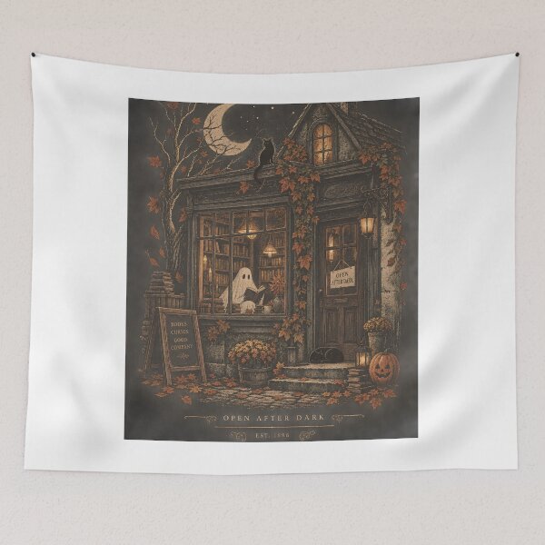 Item preview, Haunted Bookstore with Reading Ghost – Vintage Halloween designed and sold by pinkaesthetik.