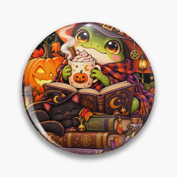Item preview, Cozy Witch Frog Reading – Halloween Coffee, Books, Black Cat & Autumn Magic designed and sold by Vsajanas.