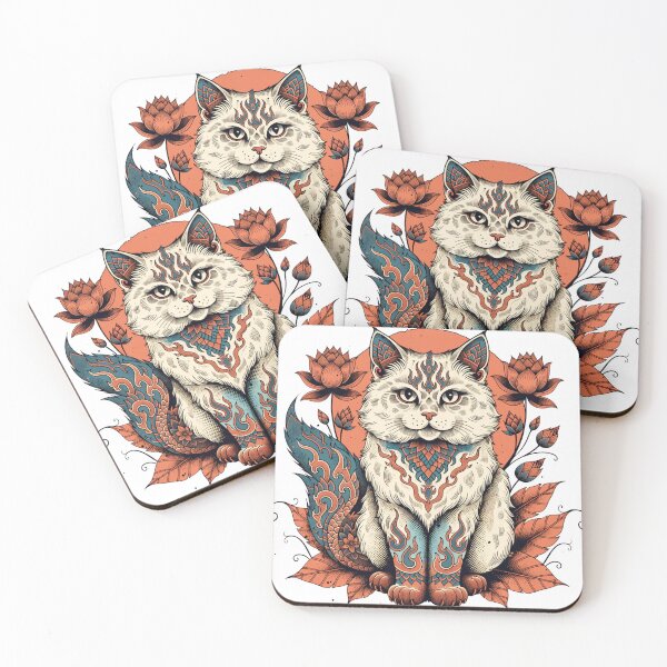 Item preview, Ornate White Cat with Thai Floral Mandala – Boho Cat Art designed and sold by Mousy17.