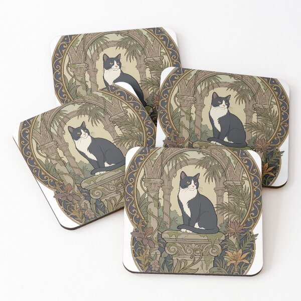Item preview, Tuxedo Cat Jungle Temple Art Nouveau designed and sold by alvixVerse Merch.