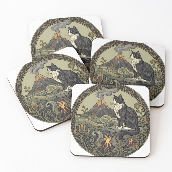 Item preview, Tuxedo Cat Island Volcano Art Nouveau designed and sold by alvixVerse Merch.
