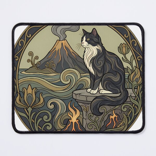 Item preview, Tuxedo Cat Island Volcano Art Nouveau designed and sold by alvixVerse Merch.