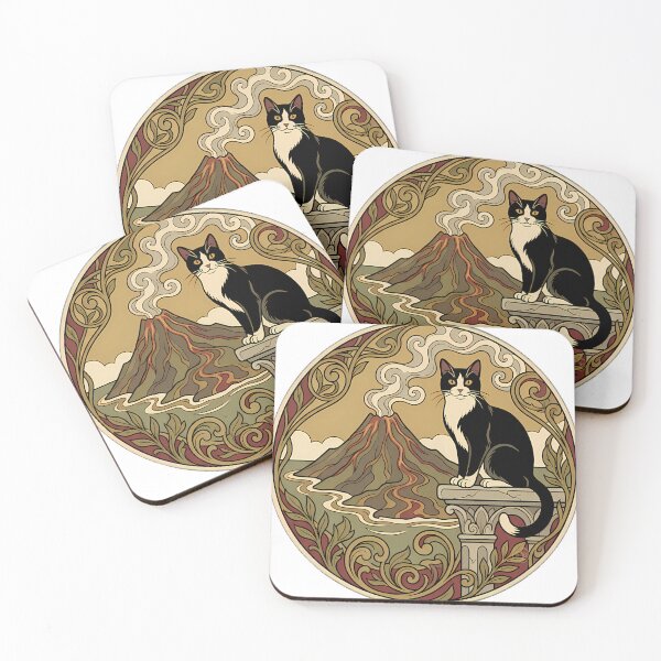Item preview, Tuxedo Cat Volcano Art Nouveau designed and sold by alvixVerse Merch.