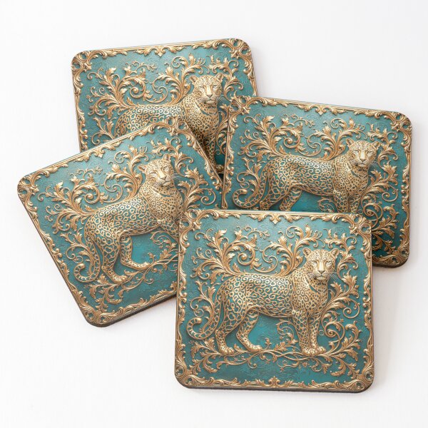 Item preview, Vintage Gold Leopard on Ornate Teal Background – Victorian Animal Art designed and sold by MargaretWiktor.
