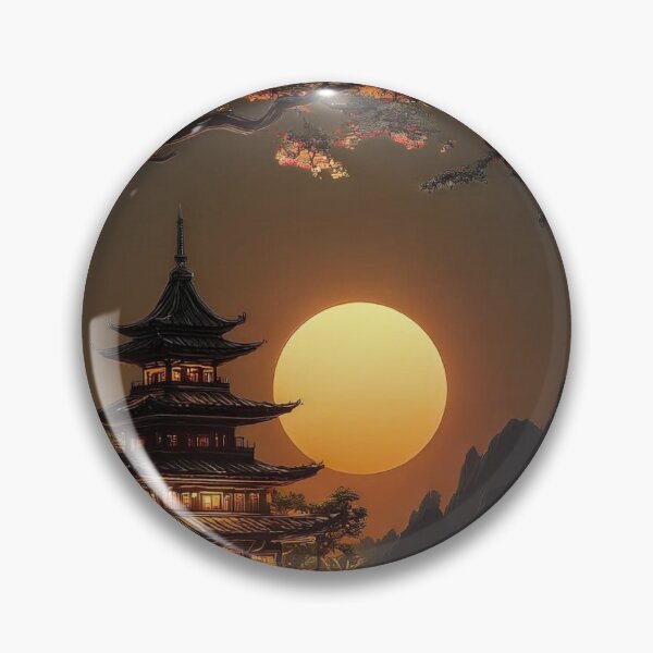 Item preview, Japanese Pagoda Temple at Sunset — Atmospheric Mountain Landscape Art designed and sold by LYAN-STORE.