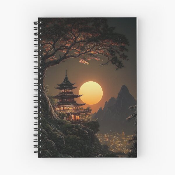 Item preview, Japanese Pagoda Temple at Sunset — Atmospheric Mountain Landscape Art designed and sold by LYAN-STORE.