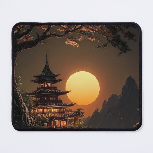 Item preview, Japanese Pagoda Temple at Sunset — Atmospheric Mountain Landscape Art designed and sold by LYAN-STORE.
