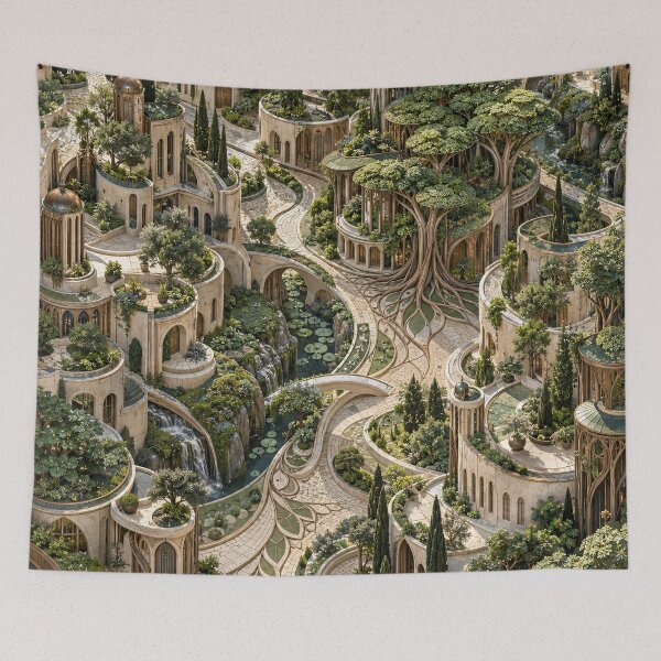 Item preview, Enchanted Garden City with Giant Trees – Luxury Fantasy Architecture Art Print designed and sold by Kaleidoscope Print.