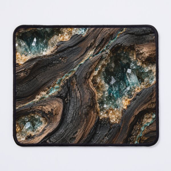 Item preview, Crystal Geodes in Charred Wood – Luxury Turquoise Mineral Abstract Art Print designed and sold by Kaleidoscope Print.